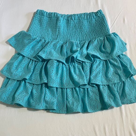 Michael Kors Tiered Ruffle Eyelet Skirt Smocked Waist Blue Medium NWT - Picture 6 of 13